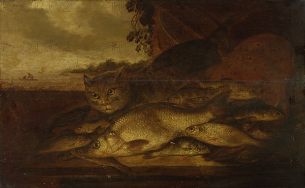 Still Life: Cat with fish, oil on oak wood, 53 x 83 cm, Monogrammed in the middle at the edge of the table: PD v T [P inscribed to D], Pieter de Putter, Middelburg oder Den Haag um 1600–1659 Beverwijck