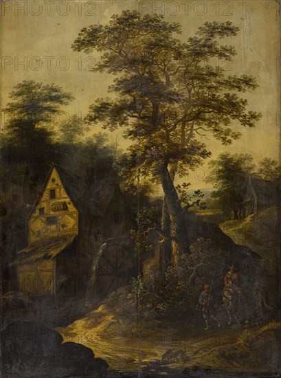 Landscape with watermill and staffage, oil on oak wood, 76 x 57 cm, unsigned, Niederländischer Meister, 18. Jh.