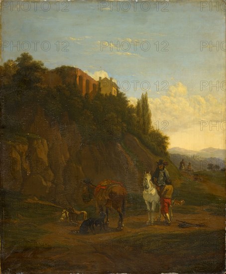 Italian landscape with traveler, oil on panel, 54.5 x 45 cm, Karel Dujardin, (Kopie nach (?) / copy after (?)), Amsterdam 1626–1678 Venedig