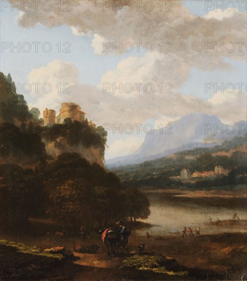 Mountain lake with rock castle, oil on oak wood, 36.1 x 32.3 cm, signed lower right: ABegeijn [AB ligated], Abraham Jansz. Begeyn, Leiden 1637/38–1697 Berlin