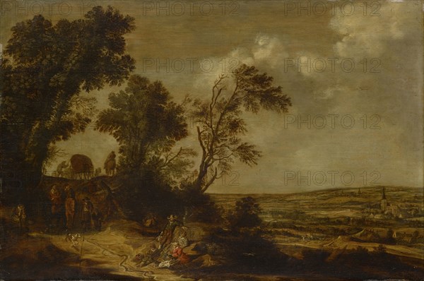 Hilly landscape with cart path, oil on oak wood, 57.5 x 85 cm, not marked, Pieter de Molijn, London 1595–1661 Haarlem