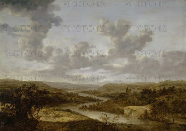 Large river landscape, oil on oak wood, 61 x 84.5 cm, bottom left of the center in the front shadow zone tiny monogram: DVb [the last letter not sure resembles a large L with long serif], Dionijs Verburgh, (?), Rotterdam gegen 1636/37–1722 Rotterdam