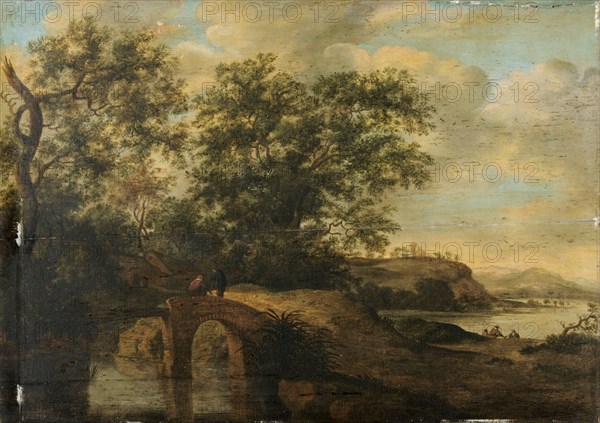 Landscape with bridge, oil on panel, 47.1 x 65.6 cm, not marked, Jan van Goyen, (Umkreis / circle), Leiden 1596–1656 Den Haag
