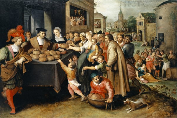 The Seven Works of Mercy, 1617, oil on oak, 100 x 148 cm, signed and dated on the stone in the lower right corner of the picture: • A ° 1617 •, Dn J [o] n [ge] francis franck., INVENTVR, et f., Frans II. Francken, Antwerpen 1581 – 1642 Antwerpen