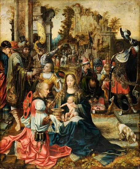 The Adoration of the Magi, 1st quarter of the 16th century, oil on oak, 116 x 97 cm, unmarked., Down in the middle, on the cloakroom of the Madonna: AVE MARIA, a little further up the hem: WON (?), Antwerpener Meister, 16. Jh.