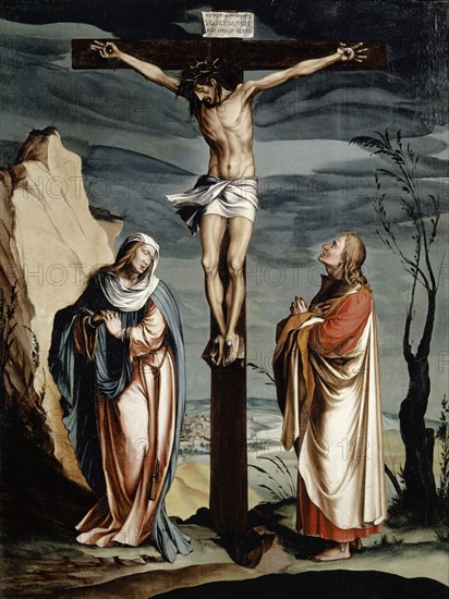 Christ on the Cross between Mary and John, c. 1560, oil on canvas, mounted on oak, 94.6 x 70.8 cm, unmarked., Trilingual Titulus: X [PH ligated] S NASERI REX IVDI [sic!], Jacob Clauser, (Werkstatt / workshop), Zürich um 1520/25 – um 1578/79 Mulhouse, Hans Holbein d. J., (Kopie nach / copy after), Augsburg um 1497/98–1543 London