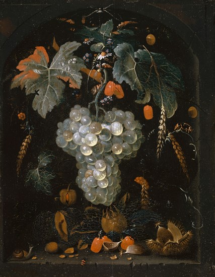 Still Life with Grape and Fruit in a Niche, Oil on Limewood, 47.2 x 36.8 cm, Signed Lower Left (in Red, possibly Wrong): A. Mignon: fc, Abraham Mignon, Frankfurt a. M. 1640–1679 Utrecht