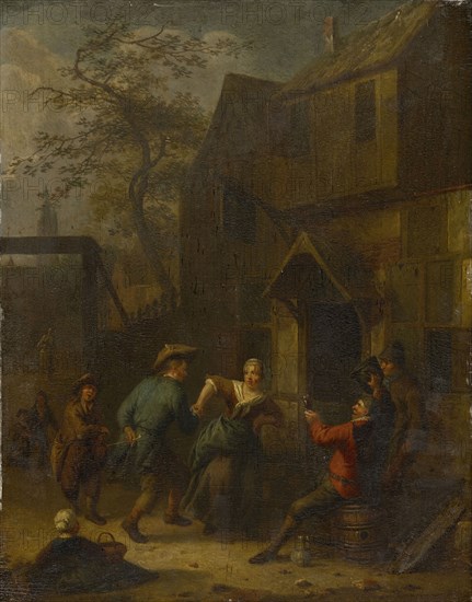 Invitation to dance in front of a tavern, oil on oak wood, 45 x 36.5 cm, not marked, Richard Brakenburgh, Haarlem 1650–1702 Harlem