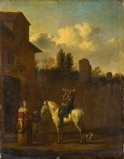 Trumpeter on horseback in front of a tavern, oil on mahogany, 42 x 33 cm, Karel Dujardin, (Kopie nach / copy after), Amsterdam 1626–1678 Venedig