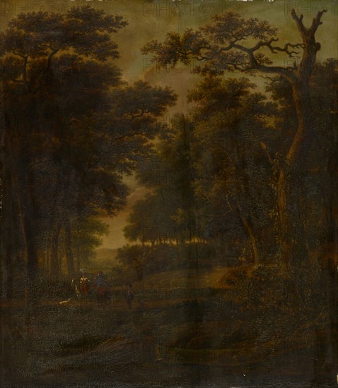 Forest landscape with riders, oil on oak wood, 53 x 46 cm, not marked, Gillis Rombouts, tätig um 1652–1663 in Haarlem