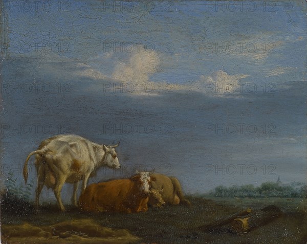 Cows in the pasture, oil on copper, 8.5 x 10.5 cm, monogrammed on the lying tree trunk right: A.V.V., Adriaen van de Velde, Amsterdam 1636–1672 Amsterdam