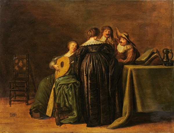 Elegant company with lute player, oil on oak wood, 32 x 41.5 cm, unsigned, Pieter Jacobsz. Codde, (zugeschrieben / attributed to), Amsterdam 1599–1678 Amsterdam
