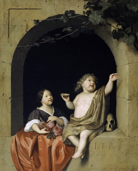 Two children at the window looking at a soap bubble, oil on oak wood, 40.5 x 33 cm, signed lower right: I. Tielius., pt. [superscripted], Jan Tilius, Hertogenbosch um 1660–1719 Hertogenbosch