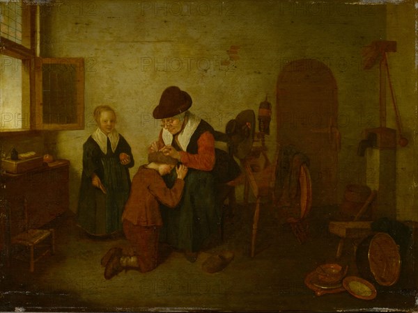 A woman deloused a boy, around 1650/55, oil on oak, 45.5 x 61 cm, left on the chest: QB, Quiringh Gerritsz. van Brekelenkam, Zwammerdam nach 1622 – um 1668 Leiden