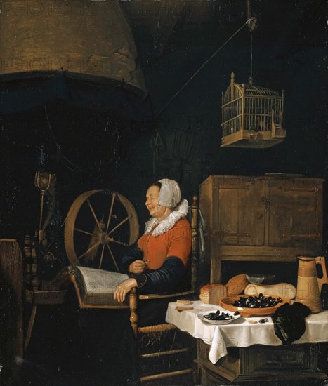 Over the reading, a woman asleep on a spinning wheel, 1659, oil on oak, 46.5 x 42.5 cm, monogrammed and dated on a spinning wheel: Q B • 1659, Quiringh Gerritsz. van Brekelenkam, Zwammerdam nach 1622 – um 1668 Leiden