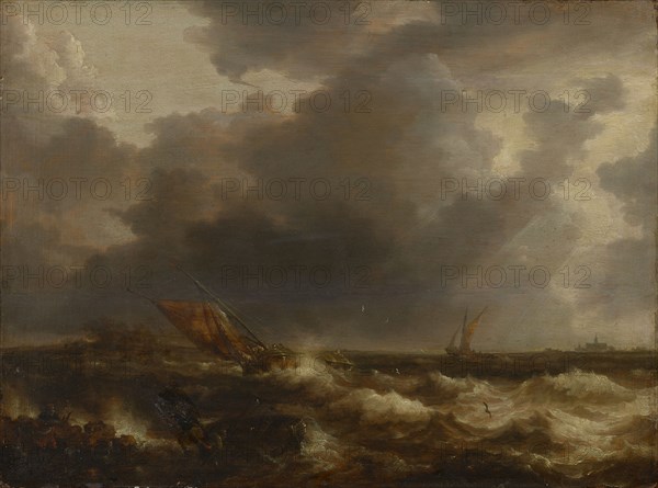 Stormy Sea, oil on oak, 39.5 x 52 cm, monogrammed on the rock bottom left: B • P, Bonaventura Peeters (1), Antwerpen 1614–1652 Hoboken
