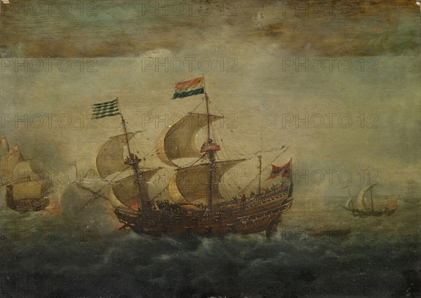 Naval Battle, 1621 (?), Oil on panel, 35.5 x 50.5 cm, signed on the underside of the ship [hard to read]: VLIG or VILE or WE [...], the Inv card says: VLIGER, Simon de Vlieger, (?), Rotterdam um 1600/01–1653 Weesp