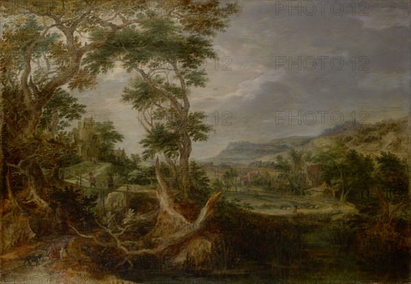 Swampy valley with hill castle and distant homesteads, 1611, oil on oak wood, 38 x 55 cm, signed and dated lower center: G.H., A 1611, Gillis Claesz. de Hondecoeter, Antwerpen oder Mechelen um 1575 (?)–1638 Amsterdam