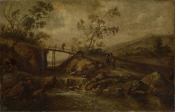 Landscape with waterfall, bridge and staffage, oil on oak wood, 33.5 x 51 cm, not marked, François van Knibbergen, Den Haag 1597– nach 1665 Niederlande