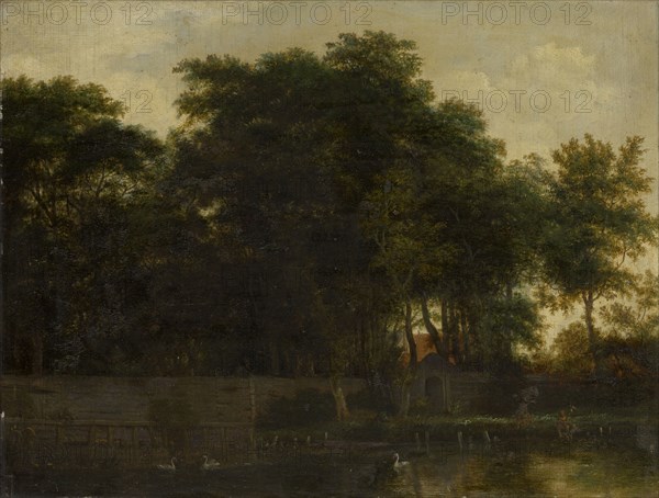 Swan pond in front of a park, oil on oak wood, 34.5 x 45.5 cm, not marked, Guillam Dubois, Haarlem 1623/25–1680 Haarlem