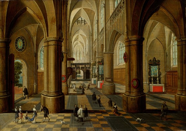 Interior of a gothic church, oil on oak wood, 24 x 34.5 cm, monogrammed on the second pillar from right: P.N., Pieter Neeffs d. J., (zugeschrieben / attributed to), Antwerpen 1620– nach 1675 Antwerpen