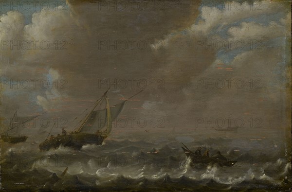 Moving lake with fishing boats, oil on pinewood, 29 x 44 cm, not marked, Simon de Vlieger, Rotterdam um 1600/01–1653 Weesp