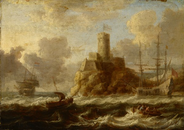 Seaside fortress with moving sea, oil on oak wood, 24.5 x 34.5 cm, monogrammed on the water-floating plank bottom right: PVV, Peter van de Velde, Antwerpen 1634 – nach 1723 Antwerpen