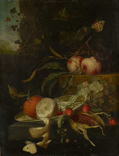 Fruit still life, oil on oakwood, 45 x 34.5 cm, Signed on the right edge on the front edge of the flagstone below the strawberry: J v Walscapel, Jacob van Walscapelle, Dordrecht 1644–1727 Amsterdam