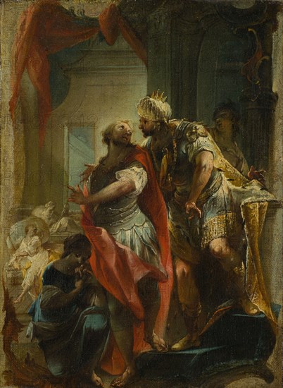 The hl., Sampson with Emperor Justinian, oil on canvas, mounted on plywood, 29 x 21.5 cm, unmarked, Johann Wolfgang Baumgartner, Kufstein/Tirol (?) 1712–1761 Augsburg