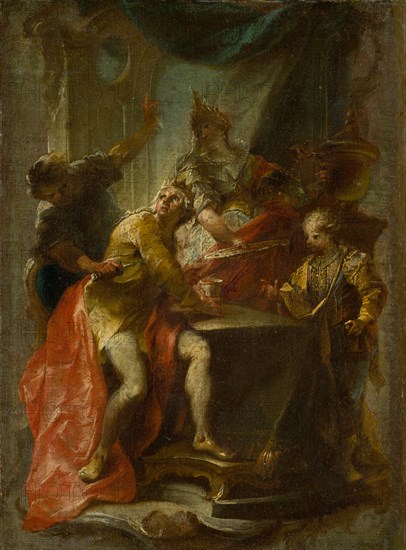 The murder of St., King Edward the Martyr, oil on canvas, mounted on plywood, 29 x 21 cm, unmarked, Johann Wolfgang Baumgartner, Kufstein/Tirol (?) 1712–1761 Augsburg