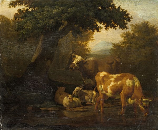 Cattle at the potions, oil on oak, 23.5 x 28.5 cm, Not marked, Dirck van Bergen, Haarlem 1645–nach 1690 Haarlem