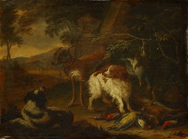 Dogs with dead game, oil on oak, 18 x 23 cm, Signed below on the stone in the middle: A Gryef f., ..., Adriaen de Grijf, Amsterdam um 1670–1715 Brüssel