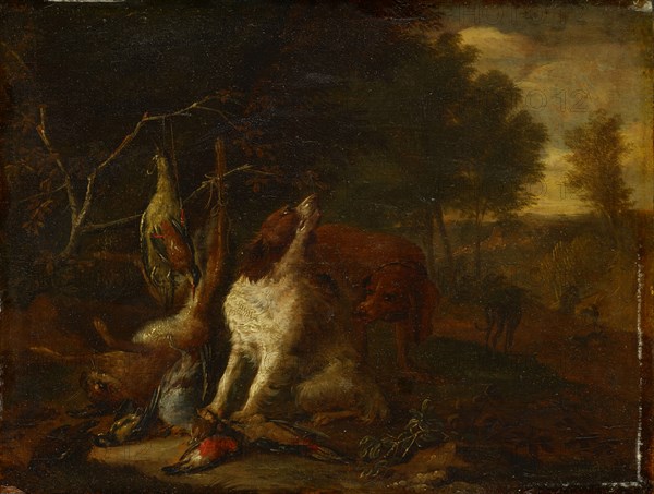 Dogs with dead game, oil on oak, 18 x 23 cm, Signed right on the stone under the branches: A Gryef f, Adriaen de Grijf, Amsterdam um 1670–1715 Brüssel