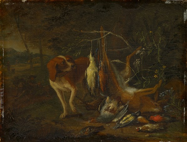Dog with dead game, oil on oak, 18 x 23 cm, Signed left on the stone next to the large plant: A Gryef f, Adriaen de Grijf, Amsterdam um 1670–1715 Brüssel