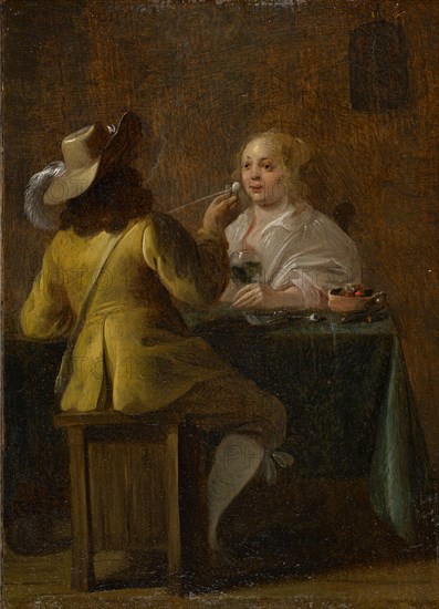 Officer and girl near the wine, around 1630/40, oil on oak wood, 14 x 10 cm, Monogrammed on the stool: JO [vertically ligated], Jan Olis, Gorinchem um 1610–1676 Heusden