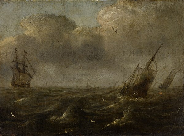 Moving sea with ships, oil on panel, 10.5 x 15.5 cm, Unsigned, Simon de Vlieger, (Art / style of), Rotterdam um 1600/01–1653 Weesp