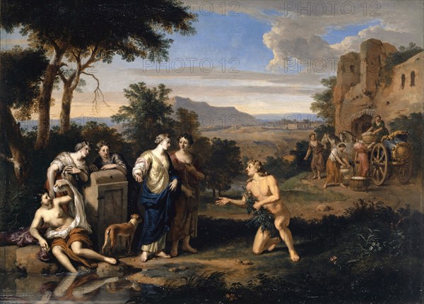Odysseus and Nausicaa in an Arcadian landscape, oil on panel, 29 x 39 cm, signed on the stele: G.Hoet., Gerard Hoet, Zaltbommel 1648–1733 Den Haag