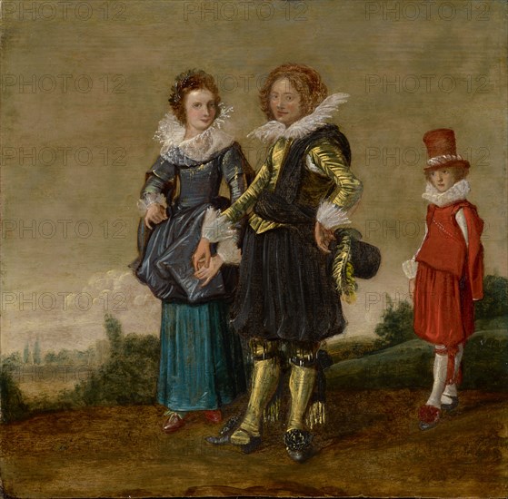 Young couple walking with a page, oil on oak, 27 x 27.5 cm, unsigned, Dirck Hals, (oder Umkreis (?) / or circle (?)), Haarlem 1591–1656 Haarlem