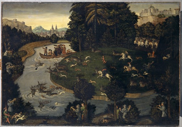 Deer Hunt Frederick the Wise with Emperor Maximilian I, c. 1600, oil on oak, 86.5 x 123 cm, marked in yellow at the bottom center of the left tree trunk with the serpent sign and dated 1529, Lucas Cranach d. Ä., (Kopie nach / copy after), Kronach 1472–1553 Weimar