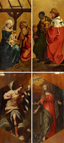 The Adoration of the Kings (inside, left: The oldest king before the Holy Family, right: Two Kings), Annunciation (on the outside, left: angel of proclamation, on the right: Maria annunziata), oil on lime wood, 158 x 140 cm, unmarked., In the collar of the Mohrenkönig: I M A G • H G M O G, Hans Baldung gen. Grien, (Schule / school), Schwäbisch Gmünd (?) 1484/85–1545 Strassburg, Deutscher Meister, 17. Jh.