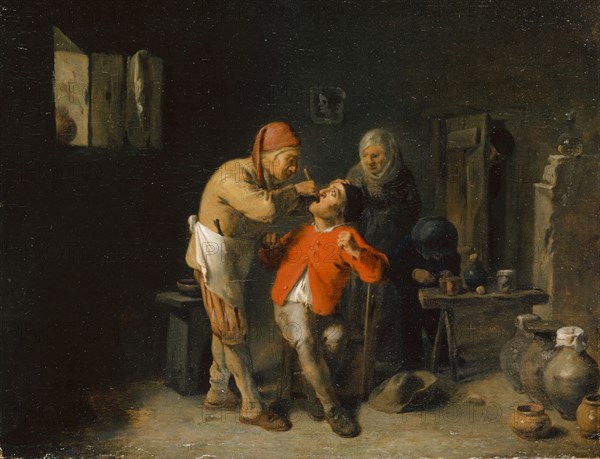 At the dentist, 1625/38, oil on oak, 23.9 x 31.2 cm, Not referenced, Adriaen Brouwer, (zugeschrieben / attributed to), Oudenaerde 1605/06–1638 Antwerpen