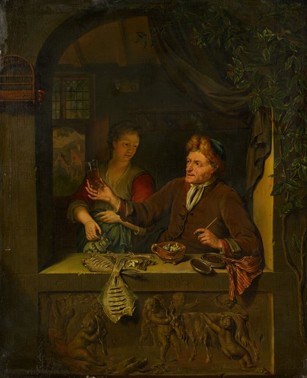 Fishmonger and Woman with Beer Mug, 18th C.?, Oil on oak, 35.8 x 29.2 cm, Willem van Mieris, (Kopie nach / copy after), Leiden 1662–1747 Leiden