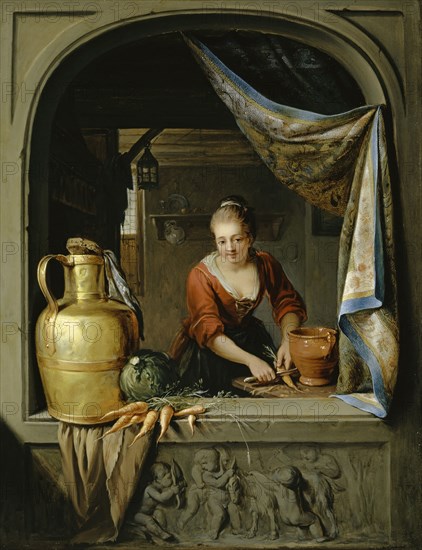 Cook at the window, 1775, oil on linden wood, 45 x 35 cm, signed and dated left: laquy pin 1775, Willem Joseph Laquy, Brühl 1738–1798 Kleve