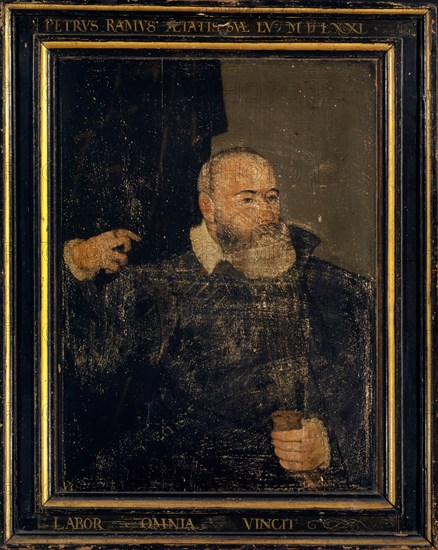 Portrait of Peter Ramus, 1571, oil on panel, 58 x 43 cm, not specified., On the probably original frame dated and inscribed above: PETRVS RAMVS AETATIS SVAE LV MDLXXI, bottom: LABORATORY OMNIA VINCIT, Französischer Meister, 16. Jh., (?)