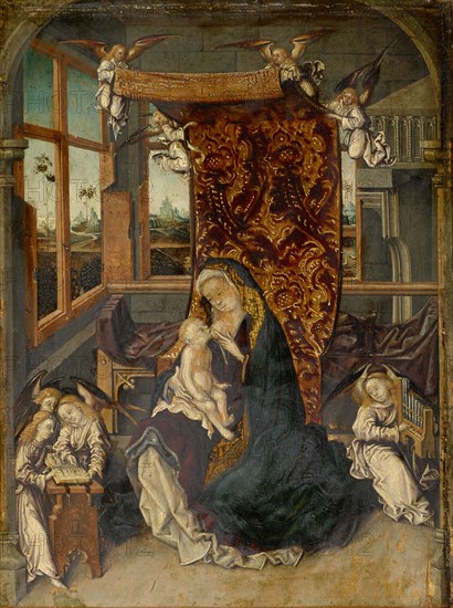 Madonna lactans with musician angels in an interior, oil on fir wood, 34 x 24.5 cm, unmarked, Süddeutsch, 16. Jh., (Fälschung / fake (?))