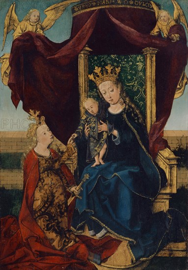 Mystical plea of St., Katharina, c. 1500, oil on linden wood, 34.2 x 25 cm, unsigned., On the canopy: VIRGO MARIA O DULCIS, Süddeutscher Meister, 15. Jh.