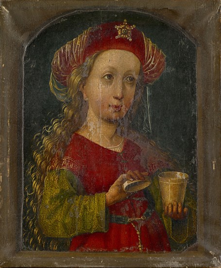 The hl., Maria Magdalena in Half Figure, c. 1475-1500, oil on parchment, unsigned., On the sleeves of the dress, in gold: MARI [A] (right), [M] AGDA [LENA] (left), Martin Schongauer, (Schule / school), Colmar um 1445–1491 Colmar