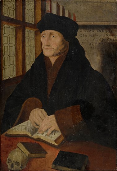 Portrait of Erasmus of Rotterdam in the Study Room, 2nd half of the 16th and 17th Centuries, oil on oak, 36 x 25.5 cm, unmarked., Inscription on the wall in the background: D. ERAS., ROTRO, Obiit basilee Jam Septua =, genarius An °., d, ., xpo nato., M.D. ° xxxvi., iiii °, [?] Iuli., Basler Meister, 16. Jh. / 17. Jh., (?), Hans Holbein d. J., (nach / after), Augsburg um 1497/98–1543 London