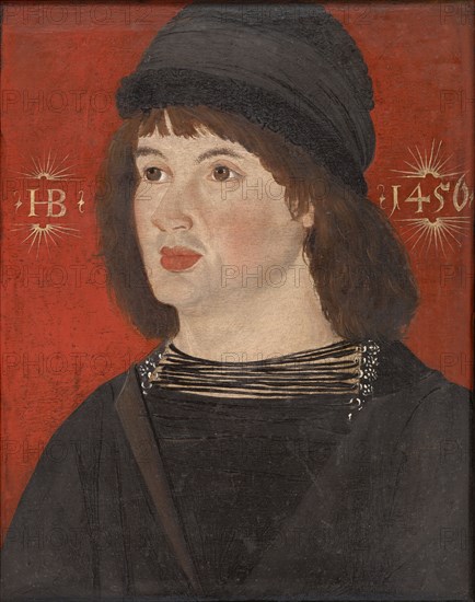 Portrait of a young man, c. 1550, tempera on lime wood, 28 x 22 cm, left and right of the head of the portrait: |, HB [ligated] |, and |, 1456 |, Süddeutscher Meister, 15. Jh., (Alte Kopie nach / old copy after)