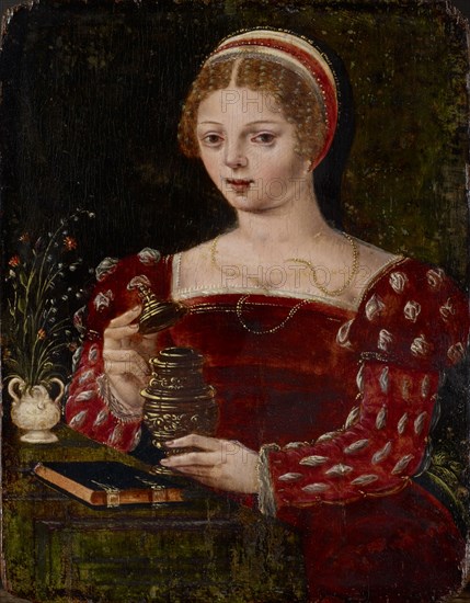 The hl., Maria Magdalena as an elbow piece, oil on oak wood, 21 x 16.5 cm, unmarked, Jan Sanders van Hemessen, (Umkreis (?) / circle (?)), um 1500 – nach 1556